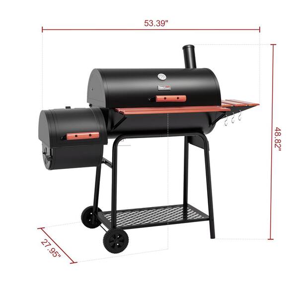 Barrel Charcoal Grill in Black with Offset Smoker, 811 sq. in. Cooking Space, Wood-Painted Side Table