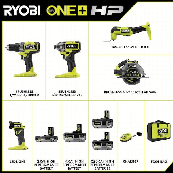 ONE+ HP 18V Brushless Cordless 5-Tool Combo Kit w/ (2) Batteries, Charger, Bag & FREE (2) 6.0 HIGH PERFORMANCE Batteries