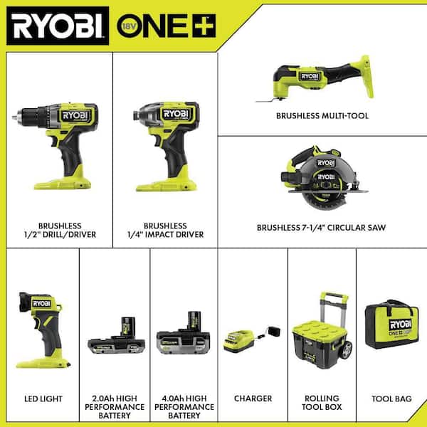 ONE+ HP 18V Brushless Cordless 5-Tool Combo Kit with Batteries, Charger, Bag, and LINK Rolling Tool Box