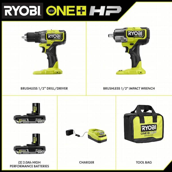 ONE+ HP 18V Brushless Cordless 2-Tool Combo Kit with Drill/Driver, Impact Wrench, Batteries, Charger, and Bag