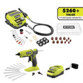 ONE+ 18V Cordless 2- Tool Combo Kit with Rotary Tool Station, Dual Temperature Glue Gun, 2.0 Ah Battery and Charger