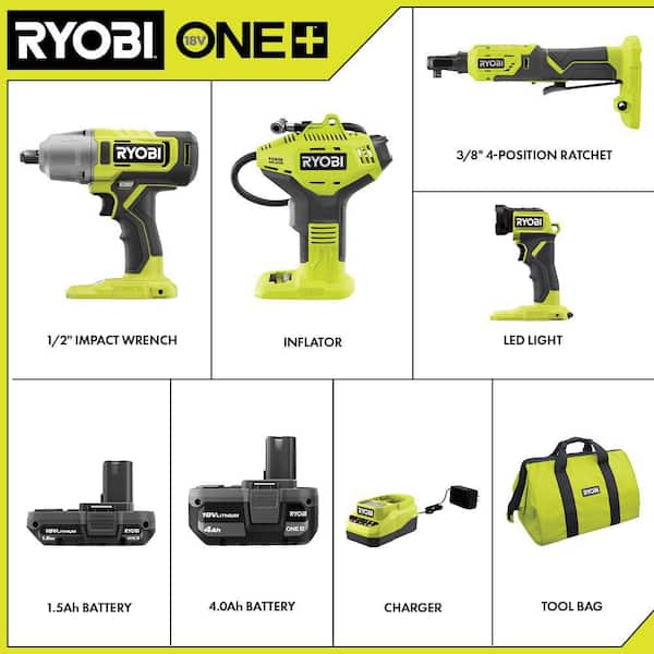 ONE+ 18V Cordless 4-Tool Combo Kit with 4.0 Ah Battery, 1.5 Ah Battery, Charger, and Bag