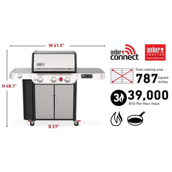 Genesis Smart SX-335 3-Burner Propane Gas Grill in Stainless Steel with Side Burner